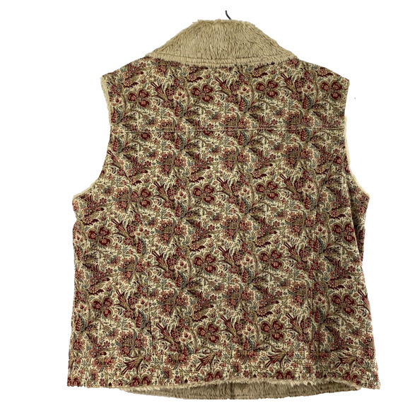 Cambridge Dry Goods Corduroy Vest Womens Large Tan Red Floral Faux Fur Button Up - Picture 2 of 10